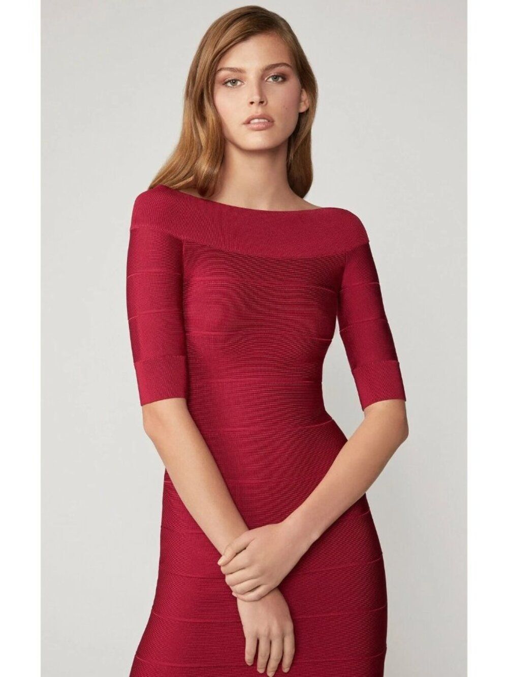 Herve Leger Paris Dress Sz M Dark Maroon Off-Shoulder Flare Bandage New Tag $990